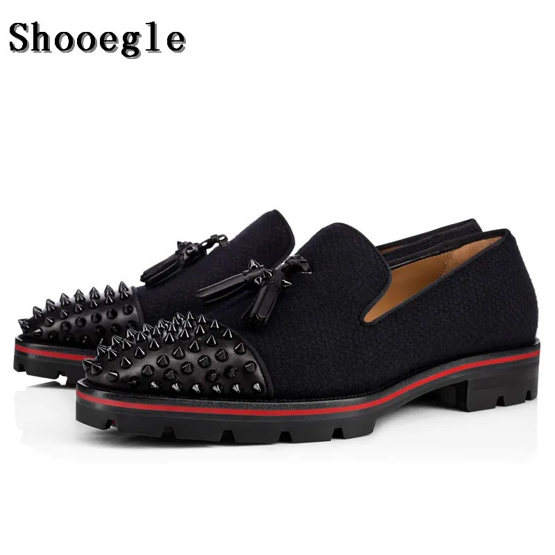 SHOOEGLE/модные мужские черные туфли с кисточками Лоферы без шнуровки с шипами и шипами, нескользящая мужская повседневная обувь для вечеринок размер 38-47