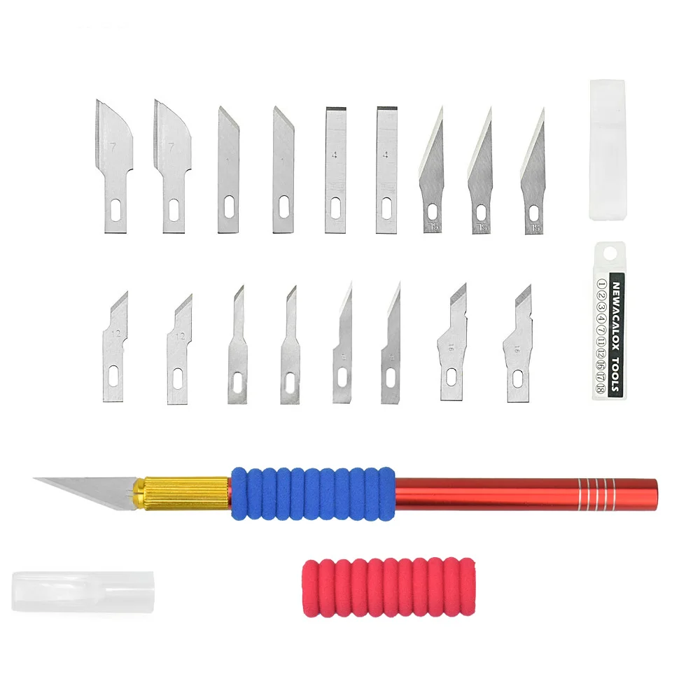 Red Carving Knife NEWACALOX 18 шт. лезвия для хобби прецизионные художественные ножи для резьбы по дереву набор инструментов с нескользящей ручкой чехол для рукоделия резьба - Цвет: Red Carving Knife