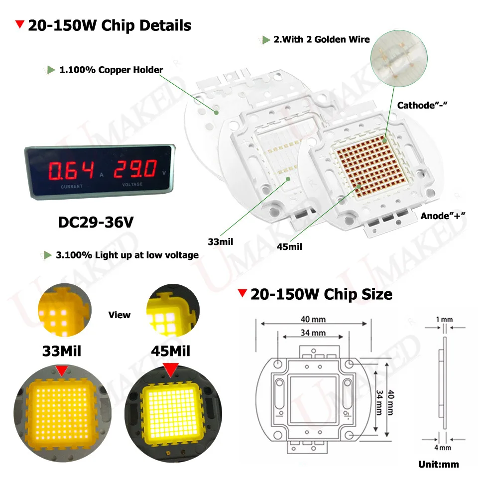 Светодиодный чип высокой мощности 100 Вт Epistar 33/45mil SMD COB чипы света теплый белый