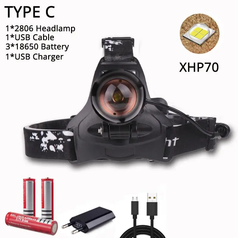 Мощный XHP70.2, супер яркий светодиодный налобный фонарь, перезаряжаемый через USB, Головной фонарь XHP70, фонарь, 3*18650, аккумулятор, для рыбалки, кемпинга - Испускаемый цвет: C