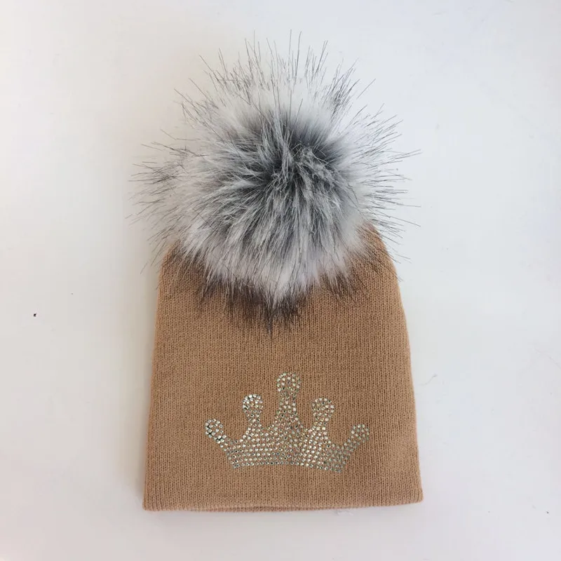 crown 2 Khaki 6 Детская вязаная теплая Зимняя шерстяная шапка с алмазной вышивкой для девочек и мальчиков, Детские повседневные шапочки короны с помпоном из искусственного меха - Цвет: crown 2 Khaki 6
