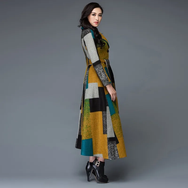 Женское облегающее шерстяное пальто с цветным принтом длинная теплая куртка