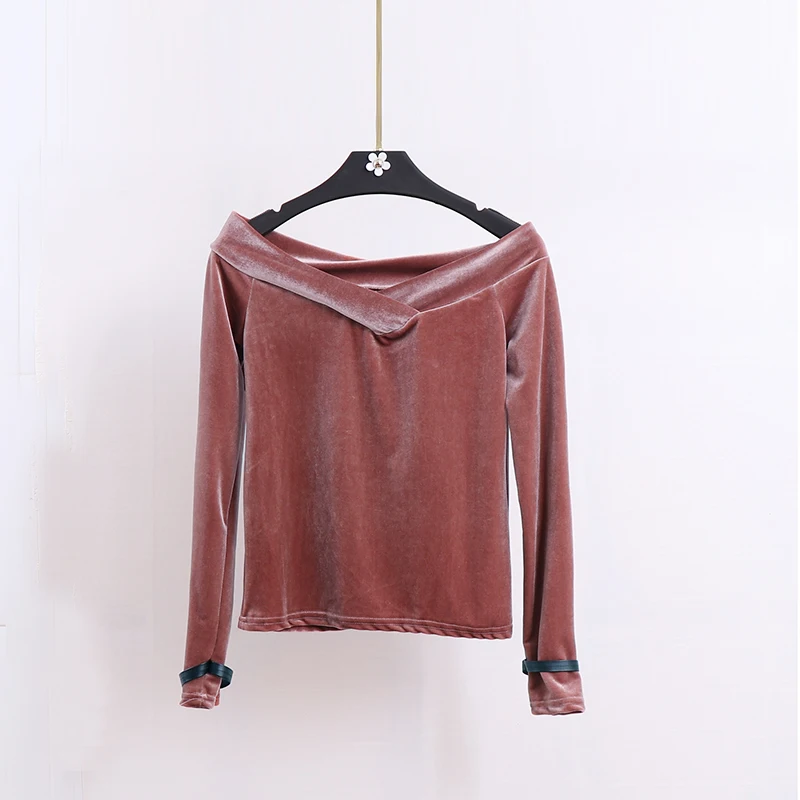 С открытыми плечами бархатная блуза рубашки осень 2017 г. Модные женские велюр