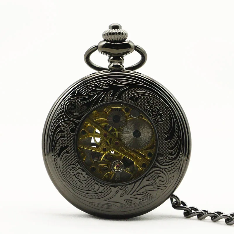 Antique Black Spider Hollow Pattern Mechanical Pocket Watch Retro Steampunk Manual Clockwork Gentleman Fob Chain Watch Gift