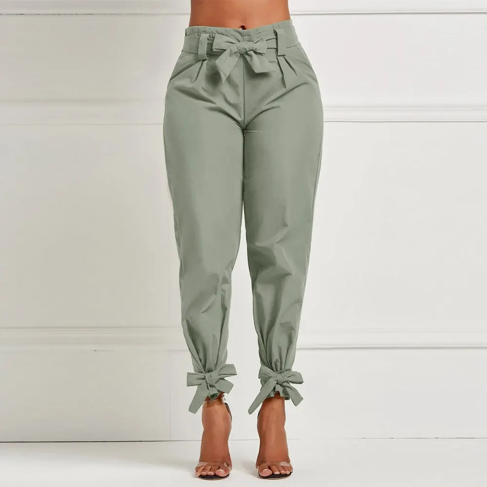 light green NIBESSER, весенние женские однотонные свободные штаны, повседневные штаны с высокой талией и поясом, с карманами, с бантом, с оборками, женские штаны - Цвет: light green