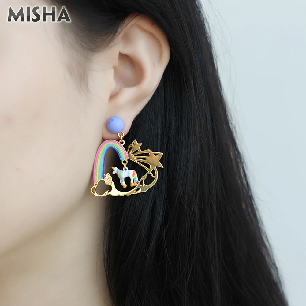 MISHA Модные серьги для женщин ручной работы эмалированные глазурованные единорог Радуга ювелирные серьги для девушек Подарок