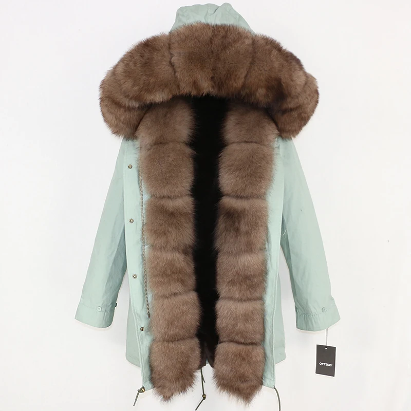 cyan-blue brown OFTBUY пальто с натуральным мехом зимняя куртка женская длинная парка воротник из натурального Лисьего меха Толстая теплая брендовая Роскошная Съемная уличная одежда - Цвет: cyan-blue brown