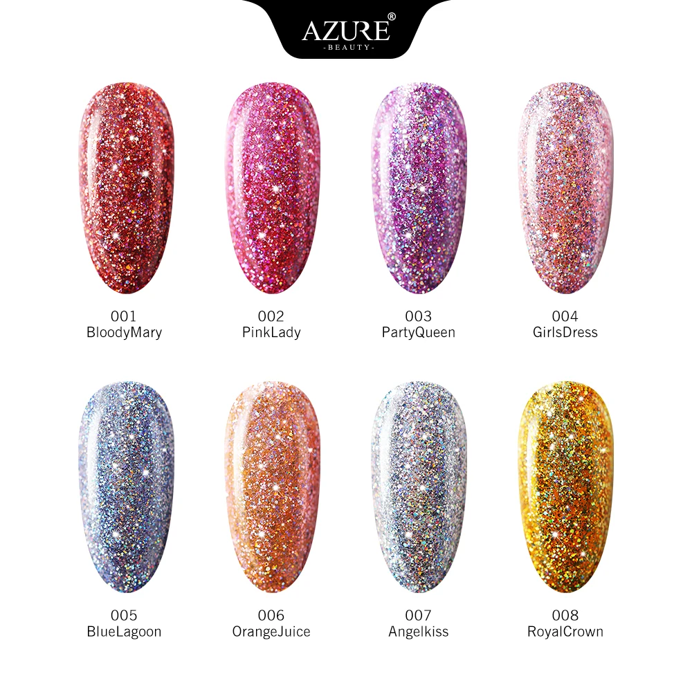 УФ Гель лак Azure Beauty блестящий светодиодный с блестками отмачиваемый