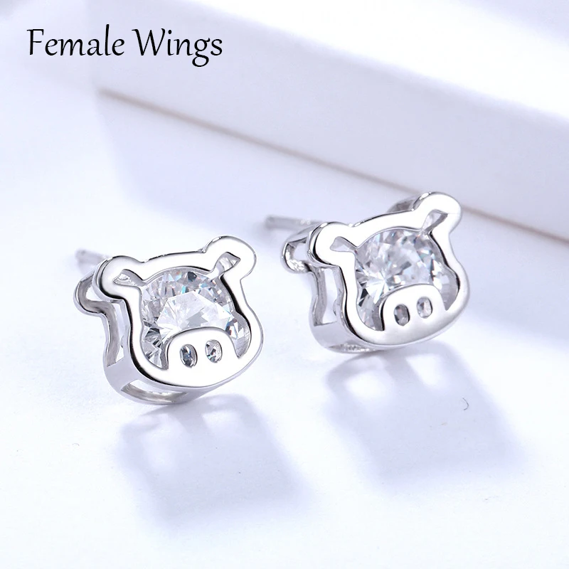 Female Wings Cute 925 Sterling Silver Zircon Stud Earrings for Women Little Pig Lovely Girl Party Jewelry Gift FE040 | Украшения и