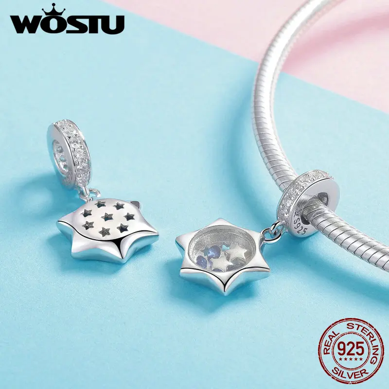 WOSTU, настоящее 925 пробы, серебряные бусины с изображением звезды желаний, браслет, ожерелье, Подвеска для женщин, роскошные ювелирные изделия, FIC1083