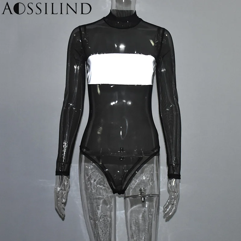 Женское прозрачное Сетчатое боди AOSSILIND черное облегающее с длинным рукавом