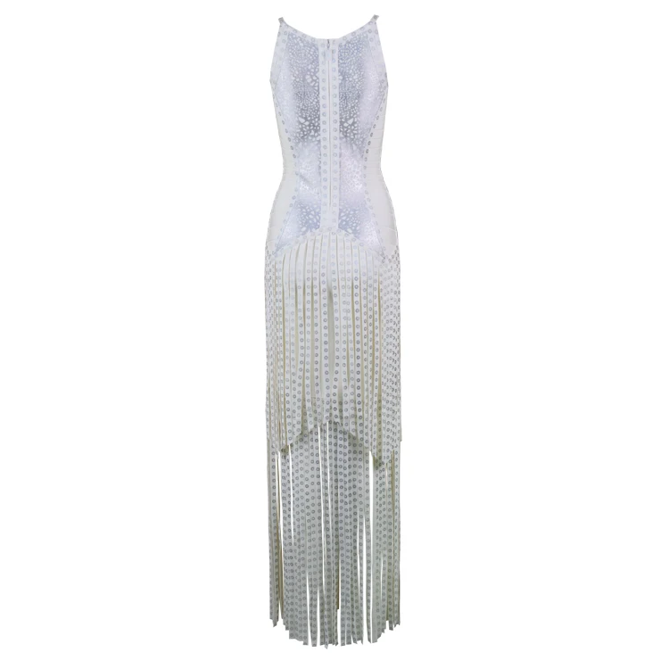 

Top Quality Strap Halter Bandage Dress Sexy Women Elegant Celebrity Evening Party New Arrival Tassel Long Dresses