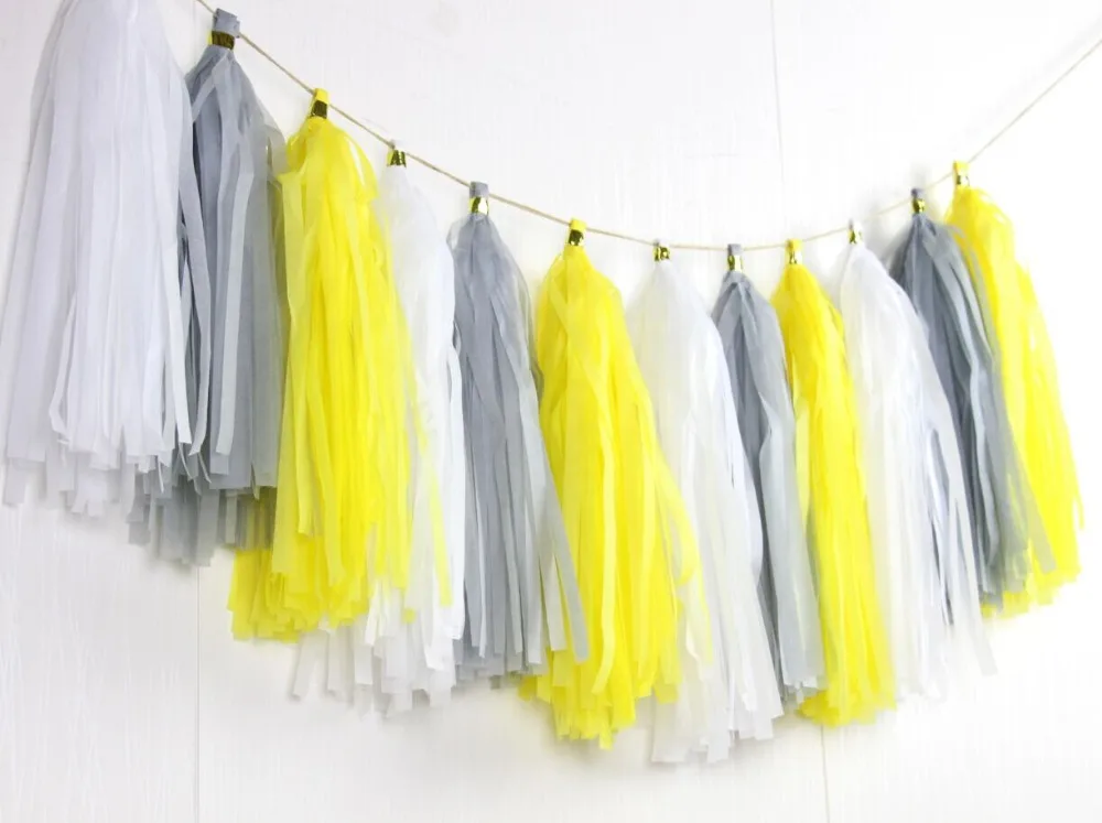 16pcs Yellow Gray and White Tissue Tassel Garland - Buttercup Decoration Baby Boy Gender Neutral | Дом и сад