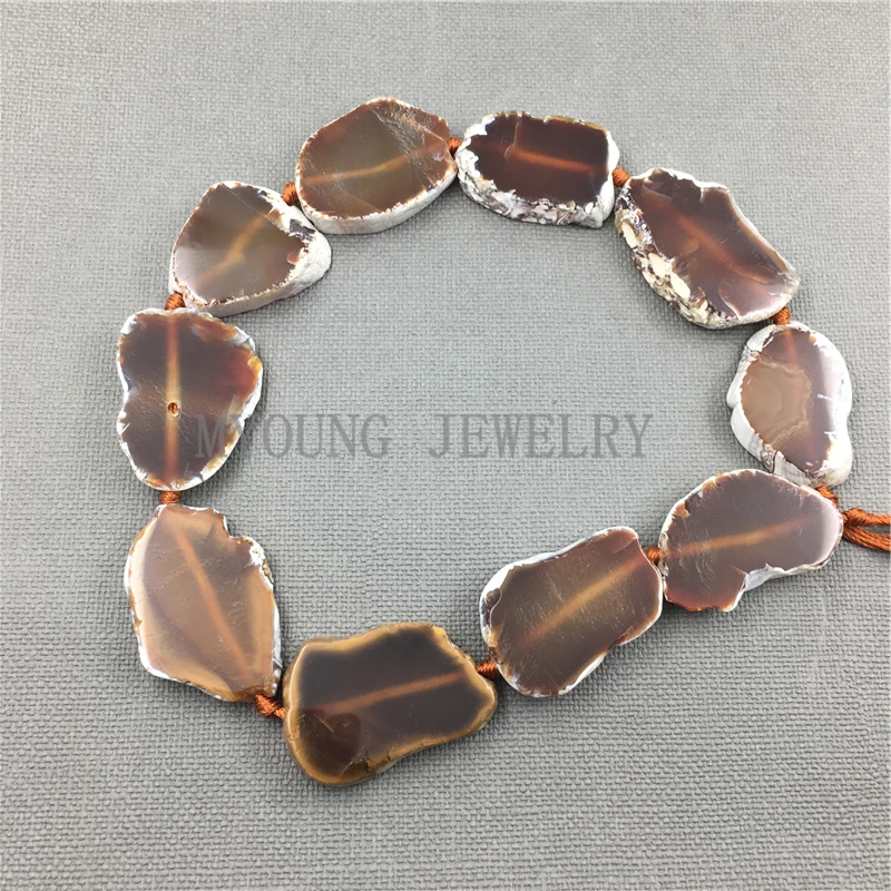 

MY1135 Freeform Brown Slice agates With white edges Slab Drilled Beads For DIY Jewelry 15.5 Inch Strand