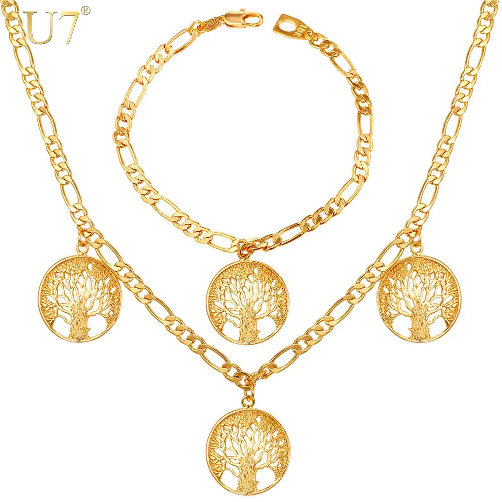 

U7 Lucky Bracelet Necklace Set Trendy Gift Gold Color Charms Tree Of Life Russian Jewelry Set For Women S862