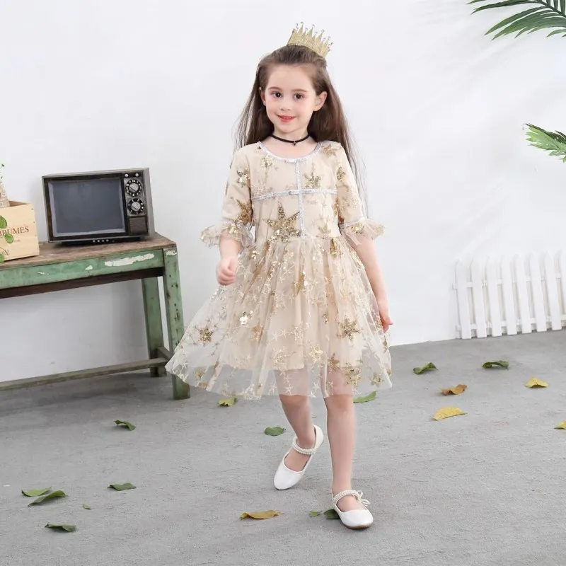 Новинка 2019 осеннее платье с золотым принтом звезд для маленьких девочек бежевое