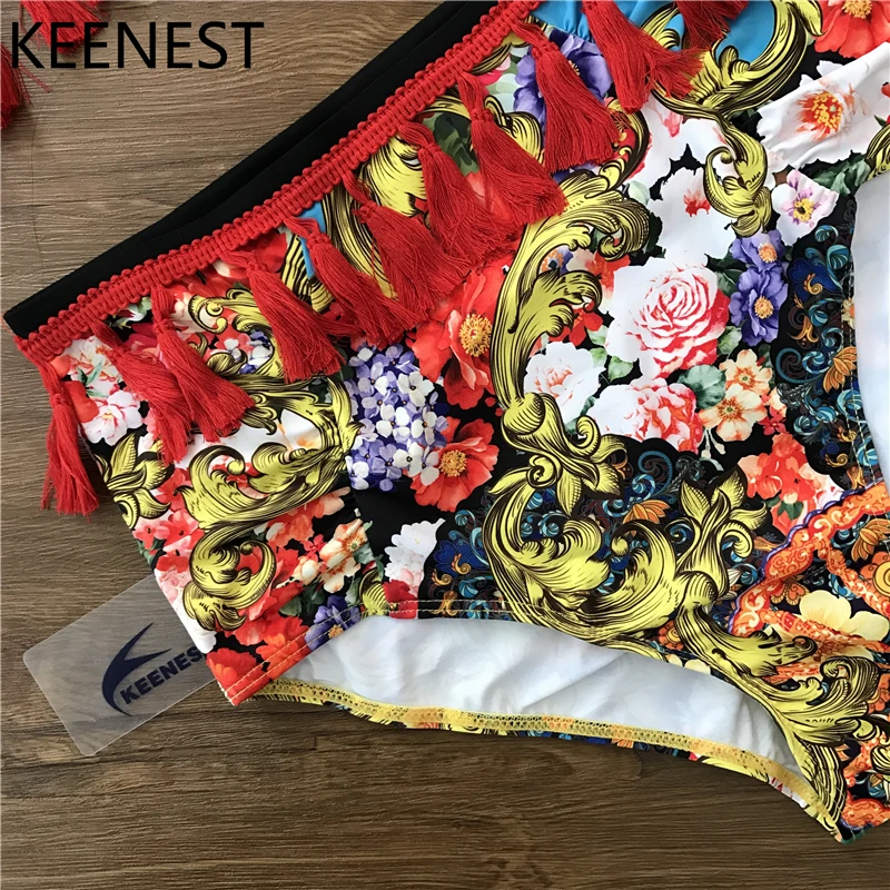 KEENEST сексуальный цветочный принт Высокая талия Купальник бикини пуш-ап купальники для женщин Винтаж кисточкой