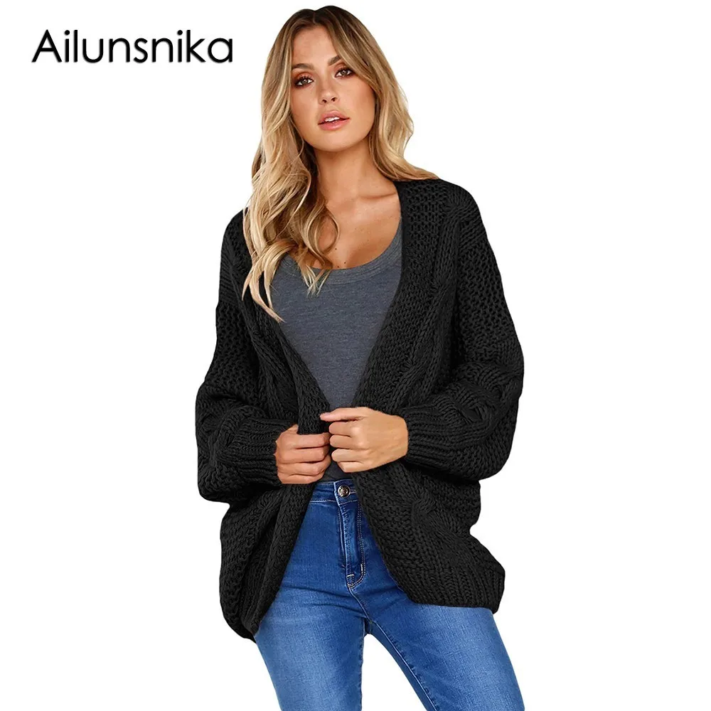 Ailunsnika 2018 Women Autumn Fashion Sweaters Chunky Wide Long Sleeve Loose Knit Cardigan Outwear Tops Casual Jumper DL27948 |