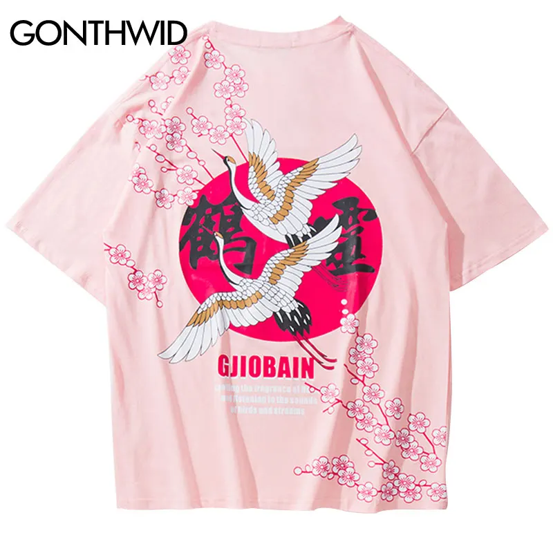 GONTHWID китайский журавль Цветочный Принт футболки Harajuku Хип Хоп Повседневная Уличная футболки топы хипстер короткий рукав футболки для мужчин
