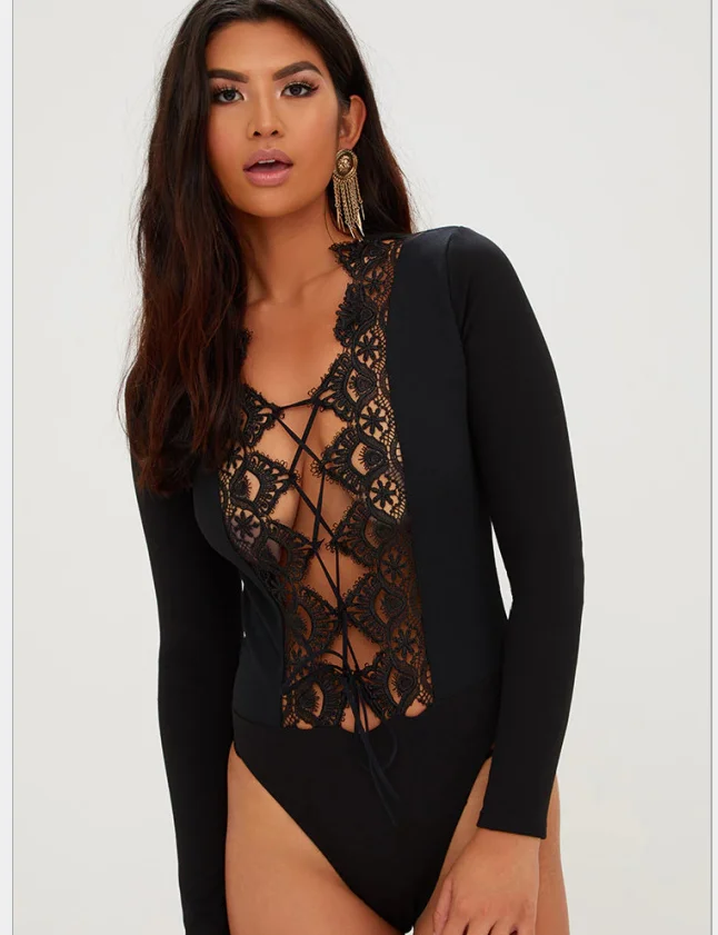 Sexy Deep V Neck Lace Up Tee Bodysuit Long Sleeve T shirts Top 2017 New Fashion Women Club Jumpsuit Playsuit Romper | Женская одежда
