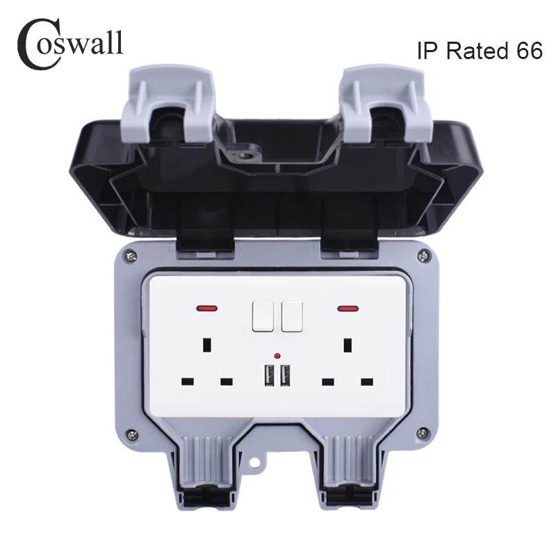 Фото Водонепроницаемая уличная розетка Coswall IP66, настенная розетка 13 а, двойная универсальная/Британская коммутационная розетка с USB-портом для з... №3