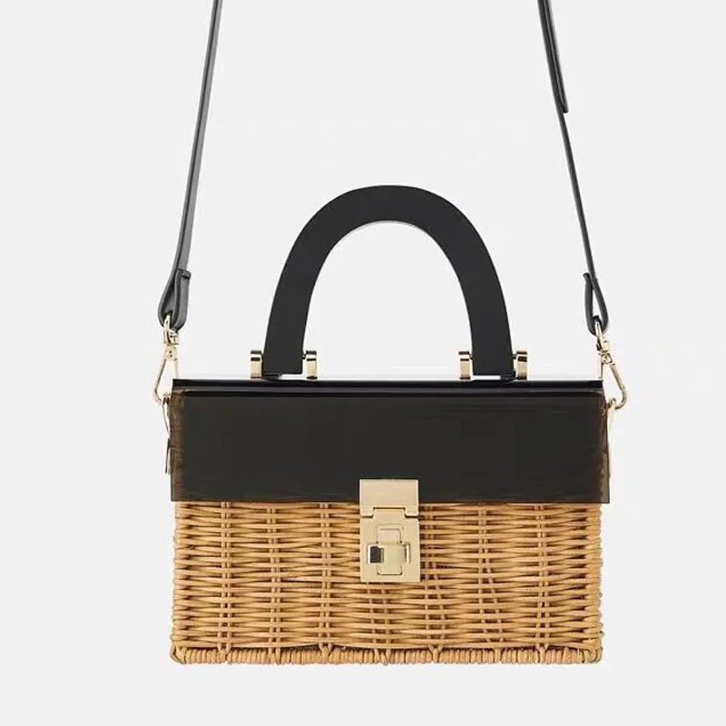 Fashion new acrylic flip straw braided bag wooden handle woven bag handmade holiday travel rattan bag
