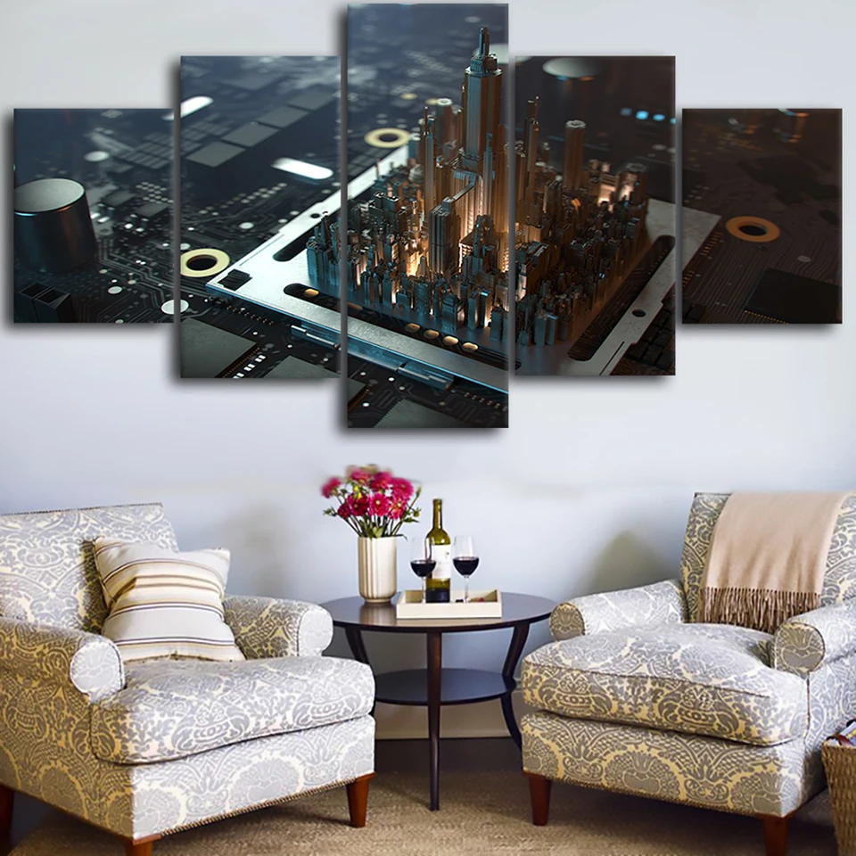 

Modern Canvas Prints Wall Artwork 5 Pieces Building Model Painting Home Decoration Pictures Modular Framed Poster Living Room