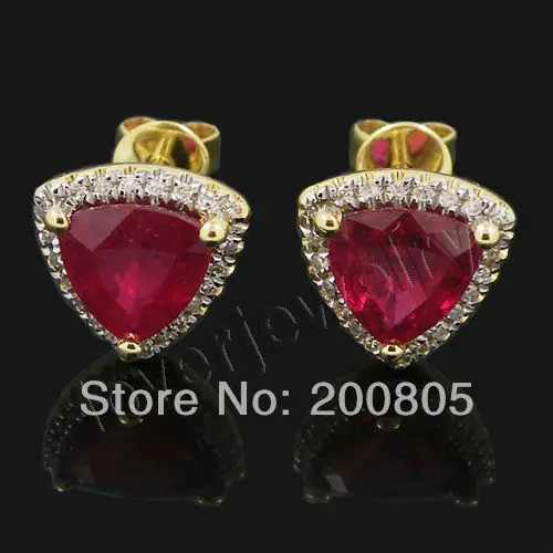 

LOVERJEWELRY Trillion 7mm 14Kt Yellow Gold Diamond Red Ruby Stud Earrings Ruby Earrings 585 Yellow Gold E0081