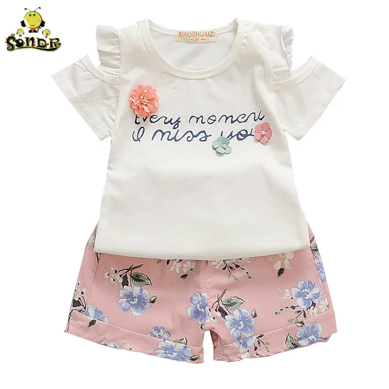 Одежда для маленьких девочек летняя футболка с открытыми плечами + шорты