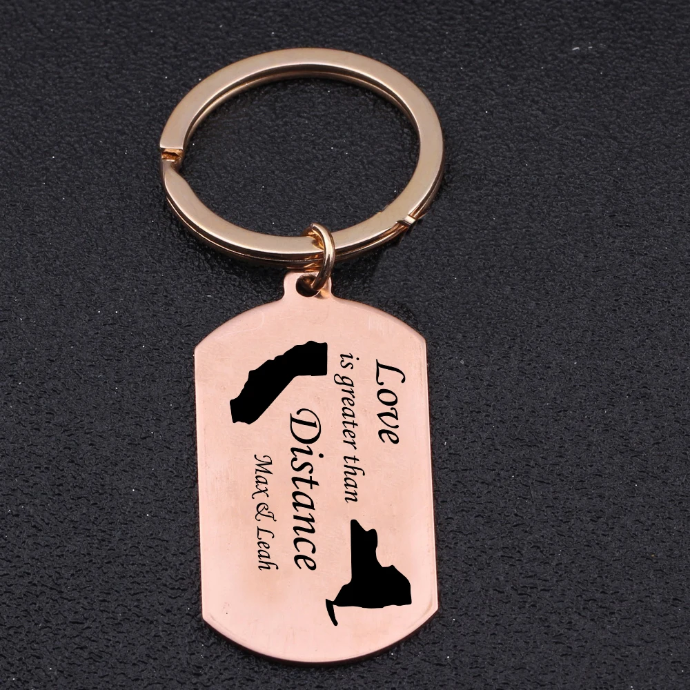 Name Customized Engraved Love Is Greater Than Distance Map Key Chains Long Keyring High Quality Keys Holder Keytag | Украшения и