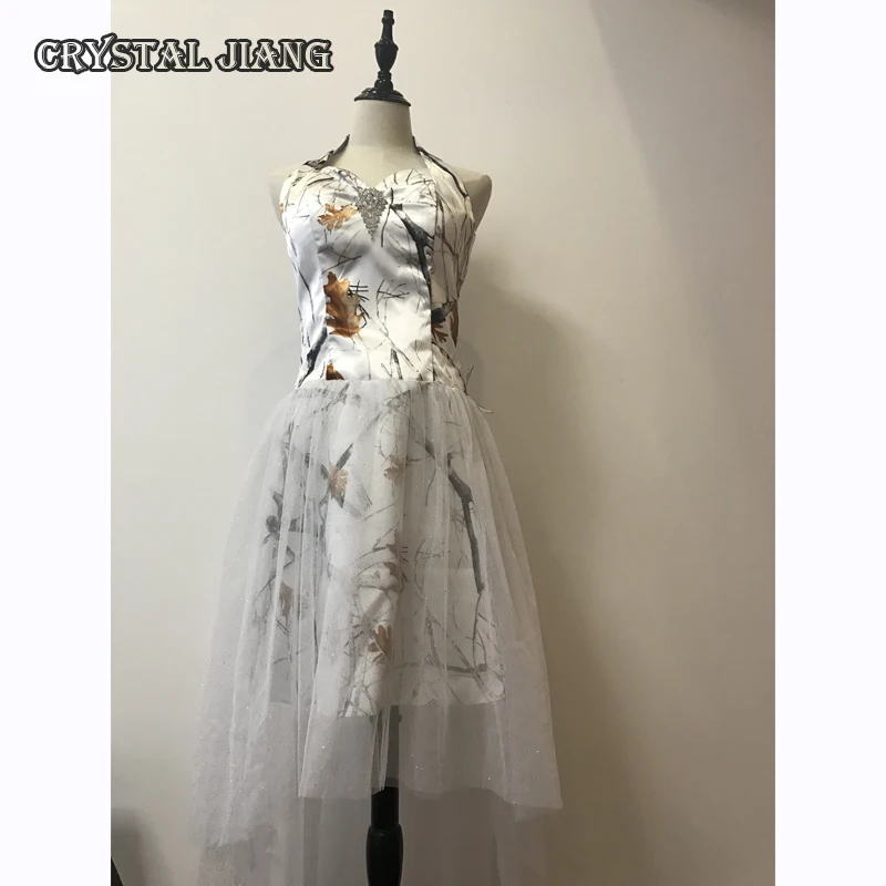 

Short White CAMO Bridesmaid Dresses Floral High Low Country Wedding