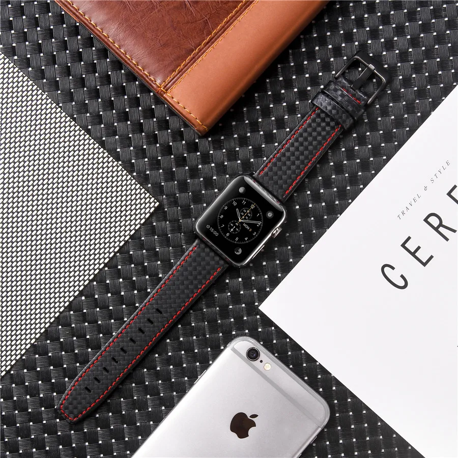 Ремешок из углеродного волокна и кожи для Apple watch band 42 мм 38 роскошный браслет 6 5 4 3 2