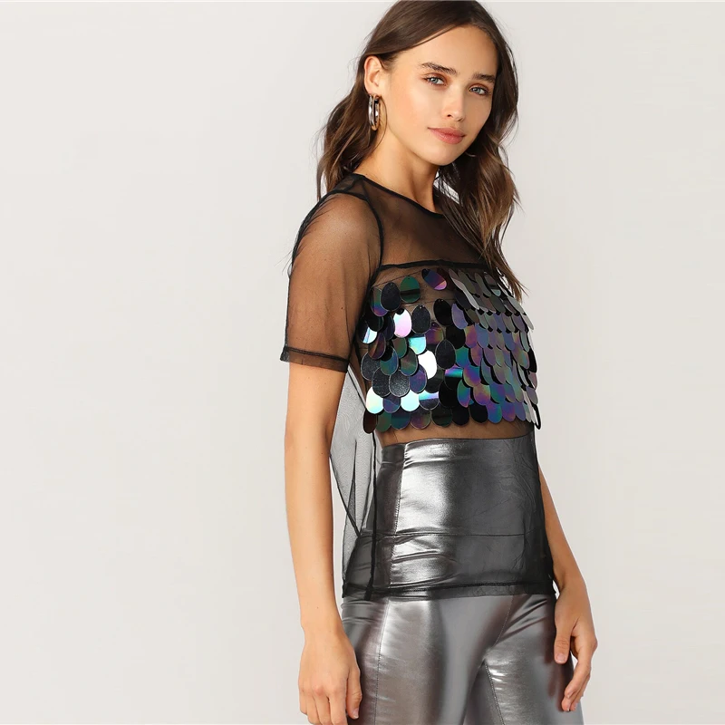 SHEIN топ из прозрачной сетки с пайетками,, летние женские Топы с коротким рукавом и блузки, одежда, черные Гламурные сексуальные блузки