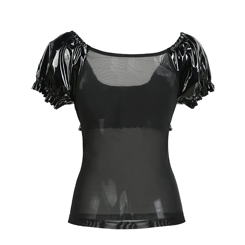 Женский топ из ПУ кожи с коротким рукавом фонариком|tee top|black topsee through black top |