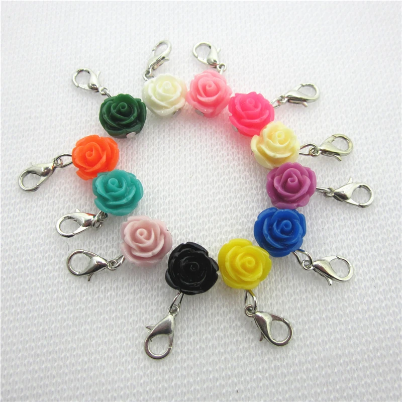 

60pcs/lot Mix 12 Color 10mm Rose Flowers Charms Lobster Clasp Charms Diy Jewelry Accessory For Bracelets Floating Hanging Charms