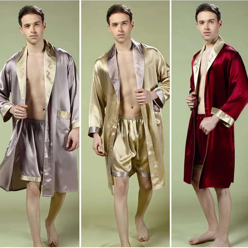 Genuine Silk Sleeping Robes Male Long-Sleeve Bathrobe Shorts Two-Piece Sets Sexy Kimono Silkworm Silk Men's Sleepwear 2508