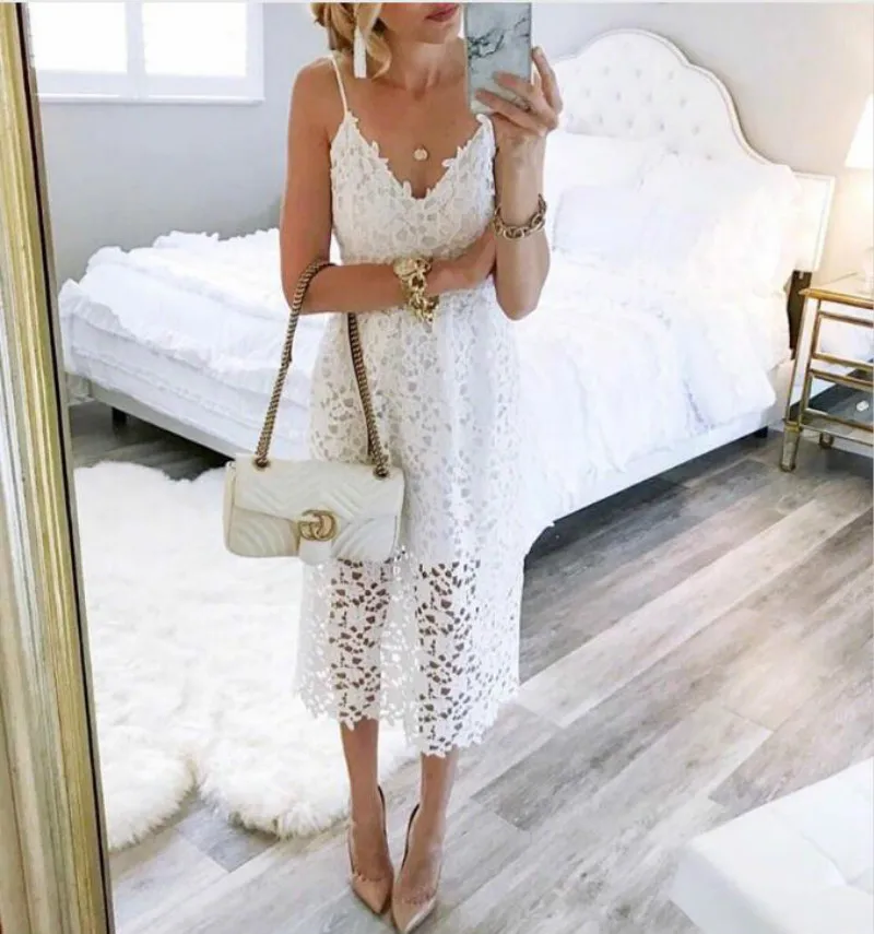New summer For women lace dress in a flower to the middle of caviar sleeveless blue Boho beach | Женская одежда