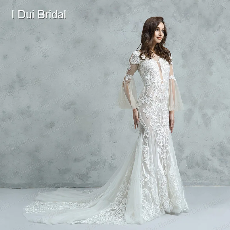 Lace Mermaid Wedding Dress with Champagne Lining Appliqued Unique Design Flare Sleeve