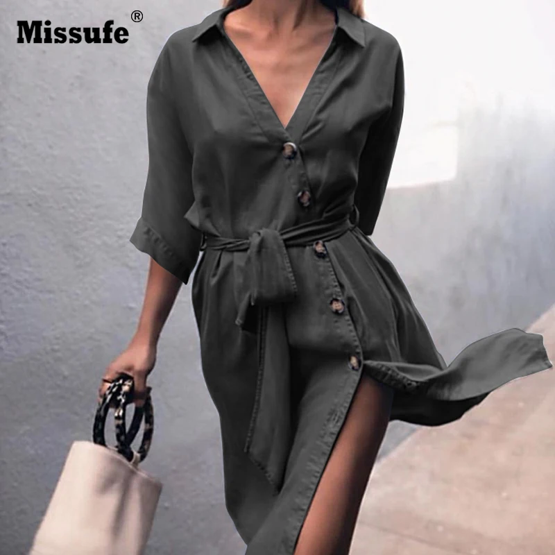 Missufe Sexy Bandage Denim Dress Female Casual Button V Neck Autumn Vestidos Split Elegant Robe Party Midi Beach Women's | Женская