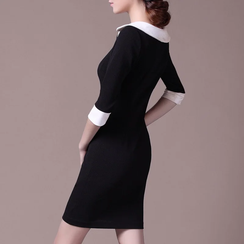 Женское Деловое платье TA876 черное офисное с белым воротником