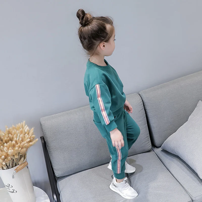 Children Tracksuits for Girls Solid Color Crew Neck Long-sleeved Sweater T-shirt Trousers Set Children's Casual Kids Clothes | Детская