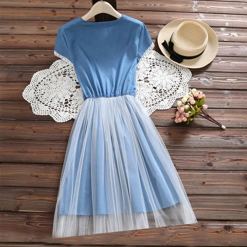 S-XXL Vintage Mori Girl Denim Stitching mesh dress female 2018 summer new short sleeve cotton blue slim was thin dressL810 | Женская