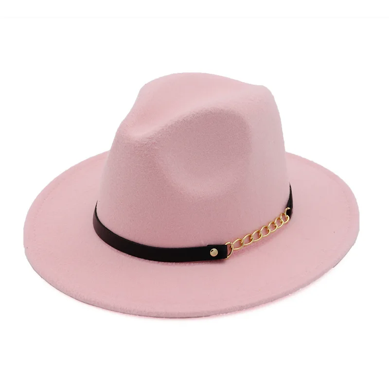 Новая модная мужская шляпа fedoras Женская модная джазовая шляпа лето весна черная Шерстяная кепка Уличная Повседневная шляпа ремень с металлической пряжкой - Цвет: Pink
