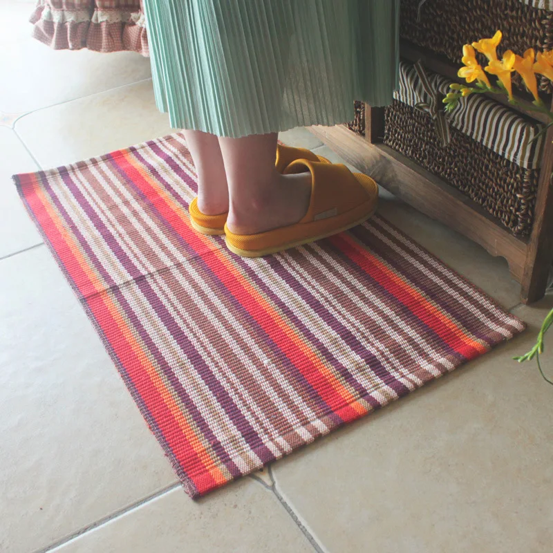 Nordic Literary Art Gray white Plaid Small Area Rug Grid Handmade Cotton Carpet Entry Door Balcony Bedroom Bedside Stripe Mat | Дом и сад