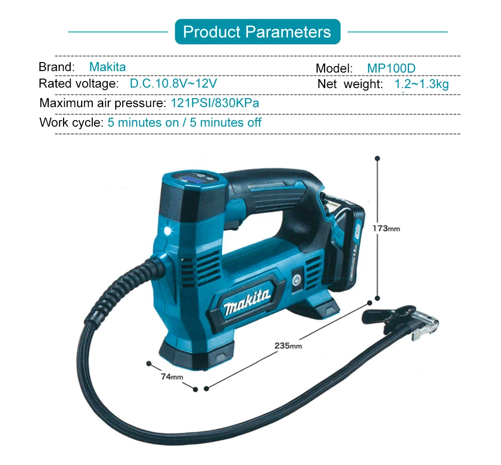 Япония Makita MP100DZ перезаряжаемый воздушный насос литиевая батарея воздушный компрессор насос для автомобильных покрышек 12 В CXT 121PSI 830KPa 65 мм трубчатый насос