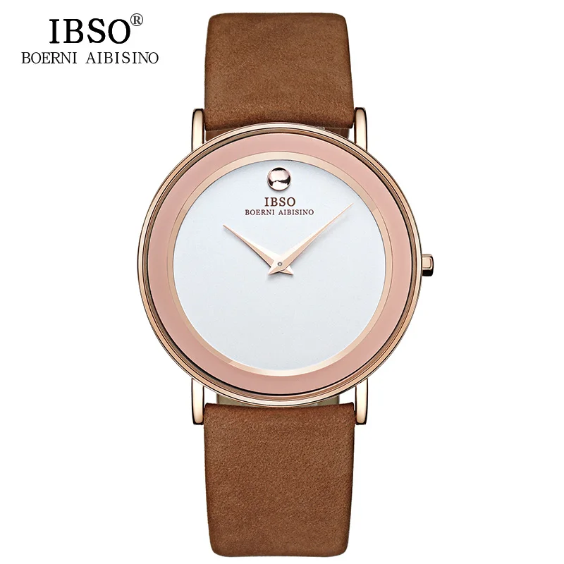 White brown IBSO 6 мм Ультра тонкие часы для мужчин лучший бренд класса люкс мужские кварцевые часы водонепроницаемые мужские часы Мужские часы с кожаным ремешком#2216 - Цвет: White brown