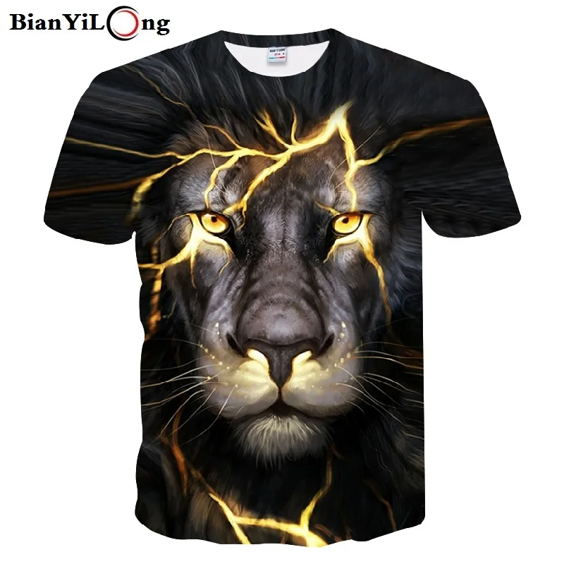 Горячие бум Мода Для мужчин футболка 3D золотая молния с принтом льва разработан