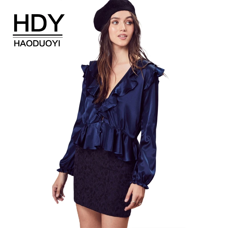 Женская рубашка HDY Haoduoyi с глубоким вырезом длинным рукавом и открытой