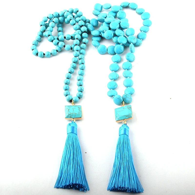 Модные богемные ювелирные изделия синие плоские камни бисер длинное узелковое