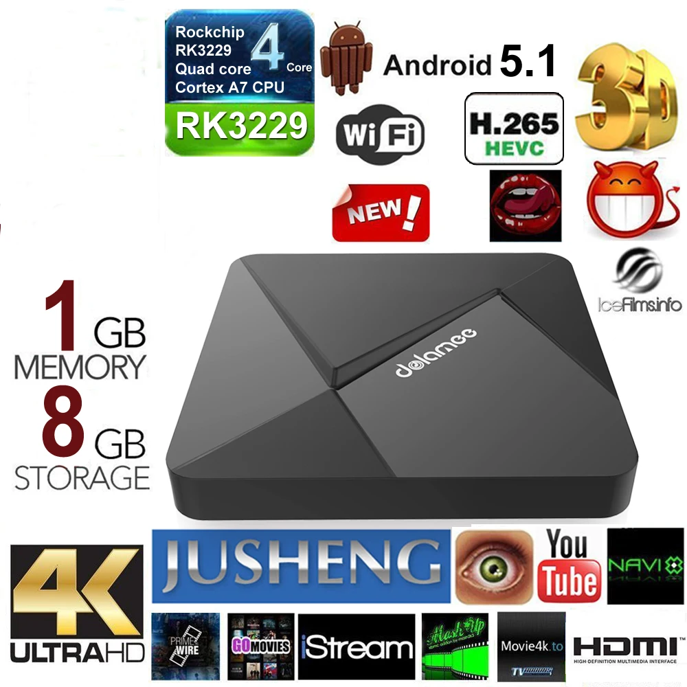 ТВ приставка Dolamee D5 Android 1 ГБ/8 ГБ RK3229 четырехъядерный процессор Cortex A7 5 ГГц 32